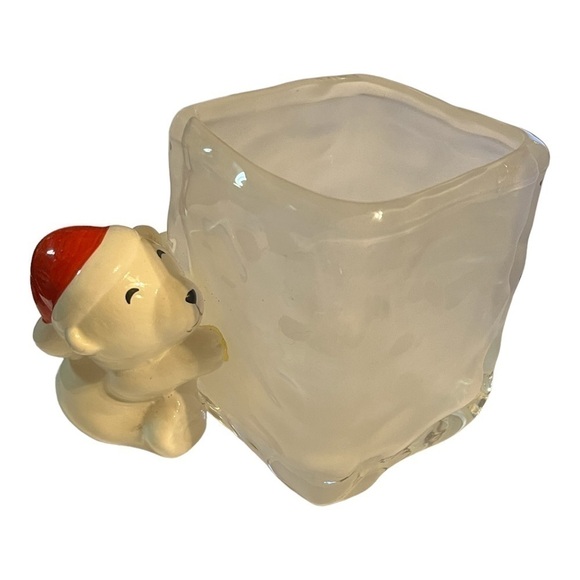 POLAR bear with Santa hat hugging frosted planter. - Picture 1 of 8